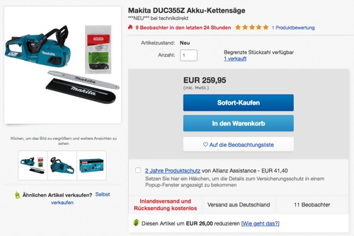 Makita DUC355Z 2x18V Akku-Kettensäge, 35cm Schwert (ohne Akku und Ladegerät) Makita DUC355Z 2x18V Akku-Kettensäge, 35cm Schwert (ohne Akku und Ladegerät)