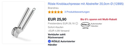 Rösle 12895 Knoblauchpresse mit Abstreifer Rösle 12895 Knoblauchpresse mit Abstreifer