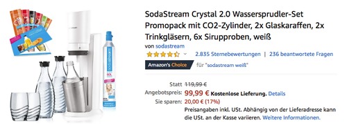 SodaStream Crystal 2.0 Weiß Wassersprudler Promopack mit CO2-Zylinder, 2x Glaskaraffen, 2x Trinkgläsern und 6x Sirupproben SodaStream Crystal 2.0 Weiß Wassersprudler Promopack mit CO2-Zylinder, 2x Glaskaraffen, 2x Trinkgläsern und 6x Sirupproben