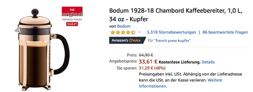 Bodum 1928-18 Chambord Kaffeebereiter 1,0 L, Kupfer Bodum 1928-18 Chambord Kaffeebereiter 1,0 L, Kupfer