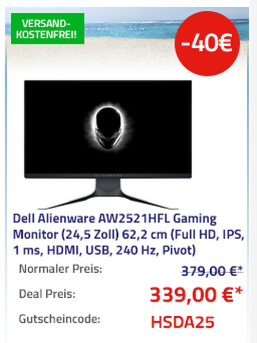 Dell Alienware AW2521HFL (24,5 Zoll) 62,2 cm Gaming Monitor (Full HD, IPS, 1 ms, HDMI, USB, 240 Hz, Pivot) Dell Alienware AW2521HFL (24,5 Zoll) 62,2 cm Gaming Monitor (Full HD, IPS, 1 ms, HDMI, USB, 240 Hz, Pivot)