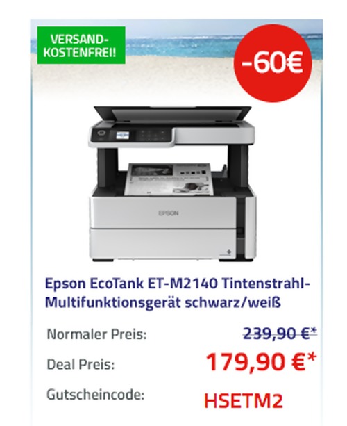 Epson EcoTank ET-M2140 Monochrom A4 Tintenstrahl-Multifunktionsgerät (Drucker, Scanner, Kopierer) Epson EcoTank ET-M2140 Monochrom A4 Tintenstrahl-Multifunktionsgerät (Drucker, Scanner, Kopierer)