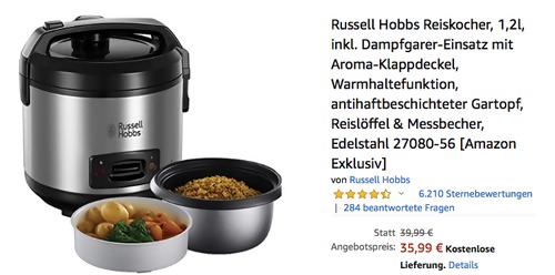 Russell Hobbs 27080-56 Reiskocher & Dampfgarer, 1,2 Liter Russell Hobbs 27080-56 Reiskocher & Dampfgarer, 1,2 Liter