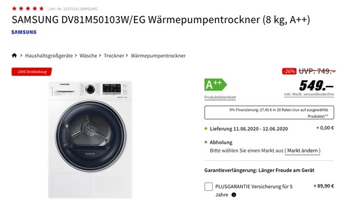 SAMSUNG DV81M50103W/EG Wärmepumpentrockner (8 kg, A++) SAMSUNG DV81M50103W/EG Wärmepumpentrockner (8 kg, A++)