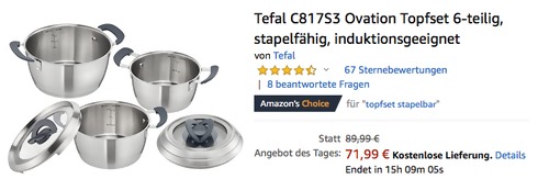 Tefal C817S3 Ovation Topfset 6-teilig, stapelfähig - jetzt 14% billiger