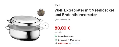 WMF 8,5 Liter Extrabräter mit Metalldeckel und Bratenthermometer Scala WMF 8,5 Liter Extrabräter mit Metalldeckel und Bratenthermometer Scala