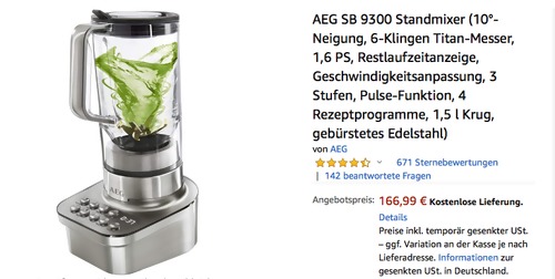 AEG GourmetPro SB 9300 Standmixer, 1,6 PS-Turbo-Motor AEG GourmetPro SB 9300 Standmixer, 1,6 PS-Turbo-Motor