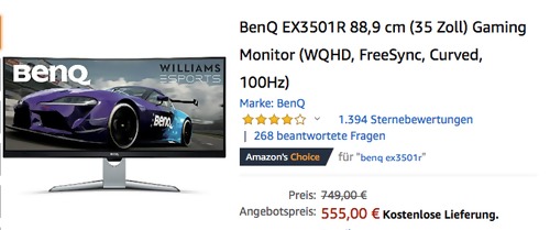 BenQ EX3501R 88,9 cm (35 Zoll) Curved Gaming-Monitor, 21:9 2K WQHD Bildqualität BenQ EX3501R 88,9 cm (35 Zoll) Curved Gaming-Monitor, 21:9 2K WQHD Bildqualität