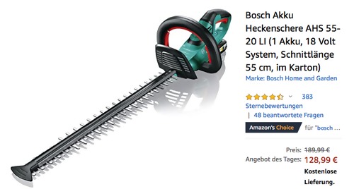 Bosch Akku-Heckenschere AHS 55-20 LI mit 18V / 2,5Ah Akku, 55 cm Schnittlänge Bosch Akku-Heckenschere AHS 55-20 LI mit 18V / 2,5Ah Akku, 55 cm Schnittlänge