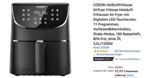 COSORI CP137-AF Heißluftfritteuse mit 11 Vor-Programmen, 1500W, 3,5 Liter - jetzt 29% billiger