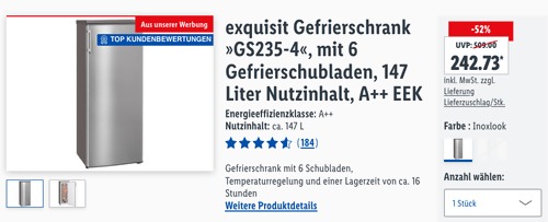 Exquisit GS 235-4 Gefrierschrank in Inoxlook, 147 Liter Nutzinhalt, A++ EEK Exquisit GS 235-4 Gefrierschrank in Inoxlook, 147 Liter Nutzinhalt, A++ EEK