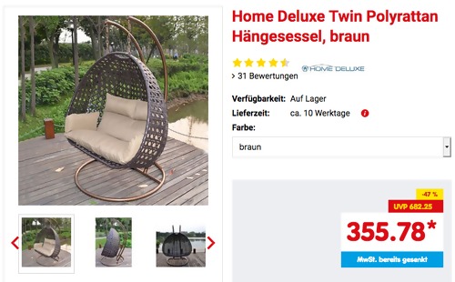 Home Deluxe Polyrattan Hängesessel "Twin", braun oder grau Home Deluxe Polyrattan Hängesessel "Twin", braun oder grau