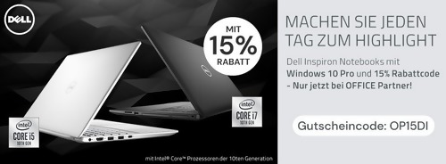 office-partner.de - 15% auf ausgewählte Dell Inspiron Notebooks: z.B. Dell Inspiron 15 5590-6W6D0 39,6cm (15,6") Notebook (i7-10510U, 16GB RAM, 512GB SSD, MX250, Win10 Pro) office-partner.de - 15% auf ausgewählte Dell Inspiron Notebooks: z.B. Dell Inspiron 15 5590-6W6D0 39,6cm (15,6") Notebook (i7-10510U, 16GB RAM, 512GB SSD, MX250, Win10 Pro)