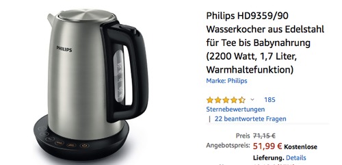Philips HD9359/90 Wasserkocher aus Edelstahl ((2200 Watt, 1,7 Liter, Warmhaltefunktion) Philips HD9359/90 Wasserkocher aus Edelstahl ((2200 Watt, 1,7 Liter, Warmhaltefunktion)