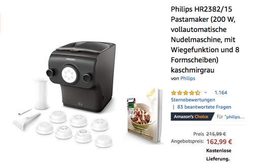 Philips HR2382/15 Pastamaker mit Wiegefunktion und 8 Formscheiben Philips HR2382/15 Pastamaker mit Wiegefunktion und 8 Formscheiben