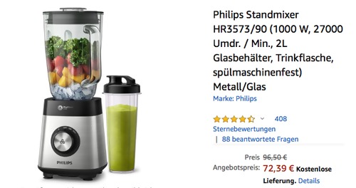 Philips Standmixer HR3573/90 inkl. Trinkflasche (1000 W, 27000 Umdr. / Min., 2L Glasbehälter) - jetzt 22% billiger Philips Standmixer HR3573/90 inkl. Trinkflasche (1000 W, 27000 Umdr. / Min., 2L Glasbehälter) - jetzt 22% billiger