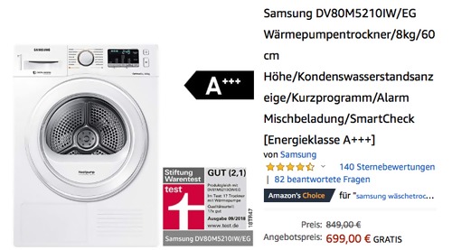 Samsung DV80M5210IW/EG 8 kg Wärmepumpentrockner, A+++ Samsung DV80M5210IW/EG 8 kg Wärmepumpentrockner, A+++