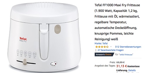 Tefal FF1000 Maxi Fry Fritteuse, 1,2 kg Kapazität - jetzt 27% billiger