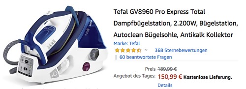 Tefal GV8960 Pro Express Total Dampfbügelstation, 6,0 Bar Druckdampf - jetzt 21% billiger Tefal GV8960 Pro Express Total Dampfbügelstation, 6,0 Bar Druckdampf - jetzt 21% billiger