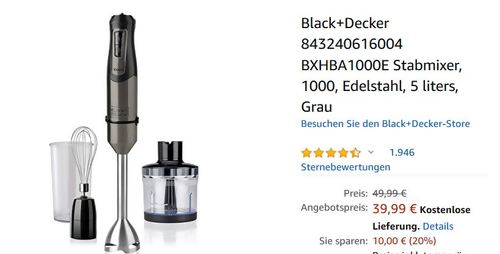 Black+Decker BXHBA1000E Stabmixer mit 3 Zubehörteilen, 1000 Watt - jetzt 20% billiger