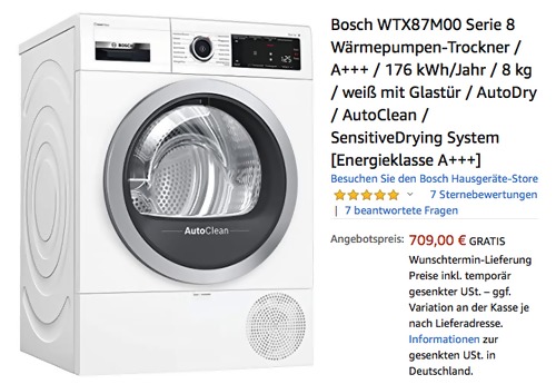 Bosch WTX87M00 Serie 8 Wärmepumpen-Trockner (A+++, 8 kg ) - jetzt 8% billiger
