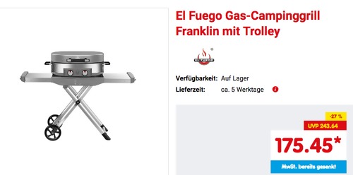 El Fuego Gas-Campinggrill "Franklin" mit Trolley, (2 Hauptbrenner je 2,0 kW) El Fuego Gas-Campinggrill "Franklin" mit Trolley, (2 Hauptbrenner je 2,0 kW)