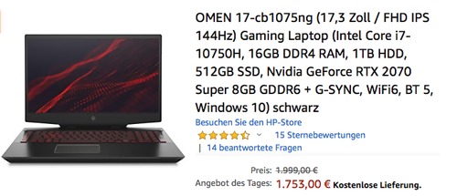 HP OMEN 17-cb1075ng 17,3 Zoll Gaming Laptop (i7-10750H, 16GB DDR4 RAM, 1TB HDD, 512GB SSD, Nvidia GeForce RTX 2070 Super 8GB GDDR6 + G-SYNC, Windows 10) HP OMEN 17-cb1075ng 17,3 Zoll Gaming Laptop (i7-10750H, 16GB DDR4 RAM, 1TB HDD, 512GB SSD, Nvidia GeForce RTX 2070 Super 8GB GDDR6 + G-SYNC, Windows 10)