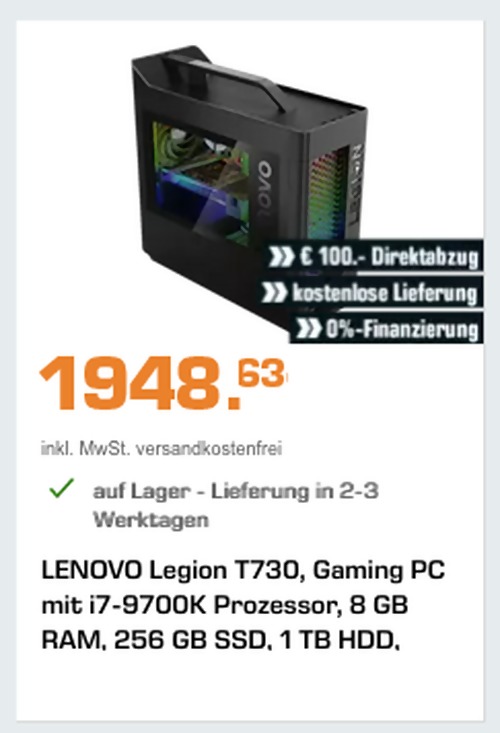 LENOVO Legion T730 (90JF006XGE) Gaming PC (i7 Prozessor, 8 GB RAM, 256 GB SSD, 1 TB HDD, GeForce® RTX 2080 8 GB) LENOVO Legion T730 (90JF006XGE) Gaming PC (i7 Prozessor, 8 GB RAM, 256 GB SSD, 1 TB HDD, GeForce® RTX 2080 8 GB)