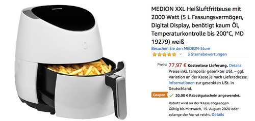 MEDION MD19279 XXL Heißluftfritteuse, 5 L Fassungsvermögen MEDION MD19279 XXL Heißluftfritteuse, 5 L Fassungsvermögen