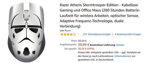 Razer Atheris Stormtrooper Edition - Kabellose Gaming und Office Maus Razer Atheris Stormtrooper Edition - Kabellose Gaming und Office Maus
