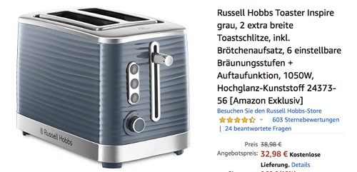 Russell Hobbs Toaster Inspire Grey, 2 extra breite Toastschlitze Russell Hobbs Toaster Inspire Grey, 2 extra breite Toastschlitze