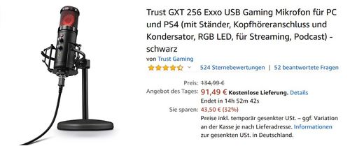 Trust GXT 256 Exxo USB Gaming/Streaming Mikrofon mit RGB Beleuchtung Trust GXT 256 Exxo USB Gaming/Streaming Mikrofon mit RGB Beleuchtung
