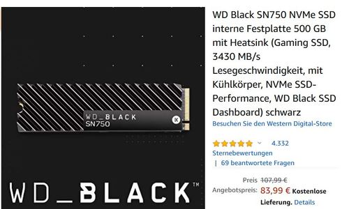 WD Black SN750 NVMe SSD 500 GB interne Festplatte mit Heatsink WD Black SN750 NVMe SSD 500 GB interne Festplatte mit Heatsink