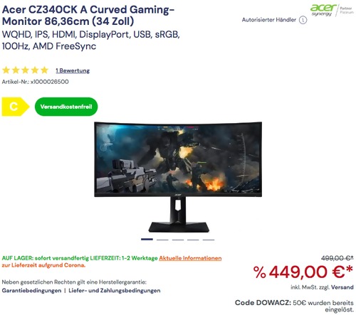 Acer CZ340CK A 86,36cm (34 Zoll) Curved Gaming-Monitor, 3.440 x 1.440 WQHD Acer CZ340CK A 86,36cm (34 Zoll) Curved Gaming-Monitor, 3.440 x 1.440 WQHD