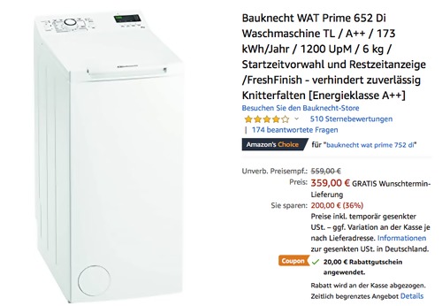 Bauknecht WAT Prime 652 Di Toplader-Waschmaschine, 6kg Bauknecht WAT Prime 652 Di Toplader-Waschmaschine, 6kg