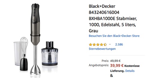 Black+Decker BXHBA1000E Edelstahlstab Stabmixer, 1000 Watt Black+Decker BXHBA1000E Edelstahlstab Stabmixer, 1000 Watt