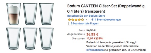 Bodum CANTEEN 6-teiliges Gläser-Set (0,4 Liter, Doppelwandig, transparent) Bodum CANTEEN 6-teiliges Gläser-Set (0,4 Liter, Doppelwandig, transparent)