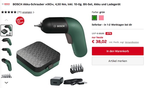 Bosch Akkuschrauber IXO 6. Generation, grün (inkl. 10-tlg. Bit-Set, Akku und Ladegerät) Bosch Akkuschrauber IXO 6. Generation, grün (inkl. 10-tlg. Bit-Set, Akku und Ladegerät)
