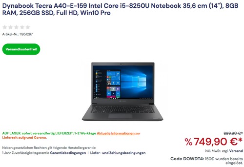 Dynabook Tecra A40-E-159 35,6 cm (14") Notebook (i5-8250U, 8GB RAM, 256GB SSD, Full HD, Win10 Pro ) Dynabook Tecra A40-E-159 35,6 cm (14") Notebook (i5-8250U, 8GB RAM, 256GB SSD, Full HD, Win10 Pro )