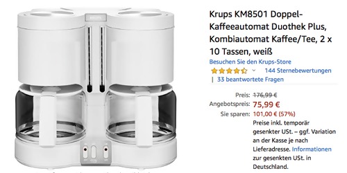 Krups KM8501 Doppel-Kaffeeautomat Duothek Plus, weiß - jetzt 20% billiger Krups KM8501 Doppel-Kaffeeautomat Duothek Plus, weiß - jetzt 20% billiger