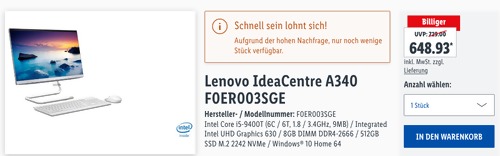 Lenovo IdeaCentre A340 F0ER003SGE 23.8 Zoll All-in-One Desktop-PC, weiß (i5-9400T, 8GB RAM, 512GB SSD, Win10) Lenovo IdeaCentre A340 F0ER003SGE 23.8 Zoll All-in-One Desktop-PC, weiß (i5-9400T, 8GB RAM, 512GB SSD, Win10)