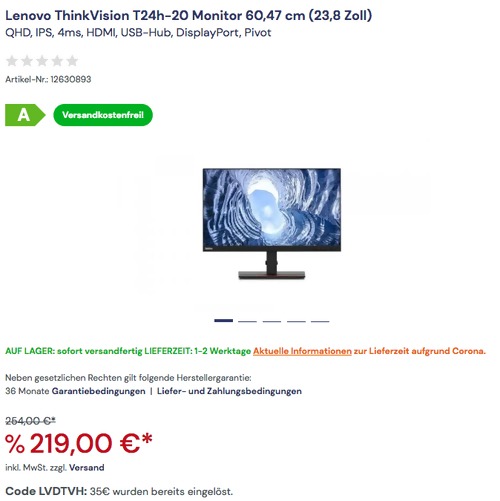 Lenovo ThinkVision T24h-20 60,47 cm (23,8 Zoll) Monitor (QHD, IPS, 4ms, HDMI, USB-Hub, DisplayPort, Pivot ) Lenovo ThinkVision T24h-20 60,47 cm (23,8 Zoll) Monitor (QHD, IPS, 4ms, HDMI, USB-Hub, DisplayPort, Pivot )