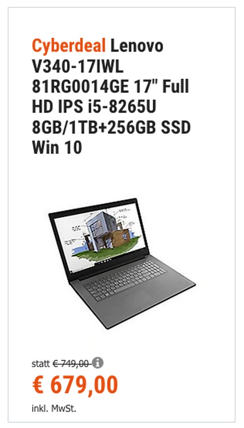 Lenovo V340-17IWL 43,2 cm (17") Notebook (Full HD IPS, i5-8265U, 8GB/1TB+256GB SSD, Win 10) Lenovo V340-17IWL 43,2 cm (17") Notebook (Full HD IPS, i5-8265U, 8GB/1TB+256GB SSD, Win 10)