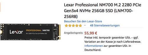 Lexar Professional NM700 M.2 2280 PCIe Gen3x4 NVMe 256GB SSD Festplatte Lexar Professional NM700 M.2 2280 PCIe Gen3x4 NVMe 256GB SSD Festplatte