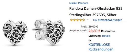 Pandora 297693 Damen-Ohrstecker aus 925 Sterlingsilber, Herz-Muster Pandora 297693 Damen-Ohrstecker aus 925 Sterlingsilber, Herz-Muster