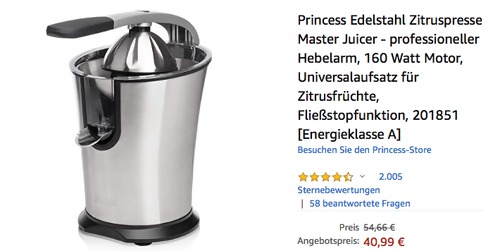 Princess 201851 Master Juicer Edelstahl Zitruspresse, 160 Watt Motor Princess 201851 Master Juicer Edelstahl Zitruspresse, 160 Watt Motor