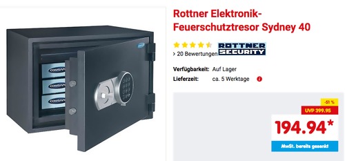 Rottner Elektronik-Feuerschutztresor "Sydney 40", 44,5 x 32 x 45 cm Rottner Elektronik-Feuerschutztresor "Sydney 40", 44,5 x 32 x 45 cm