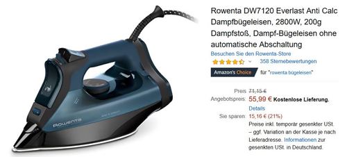 Rowenta DW7120 Everlast Anti Calc Dampfbügeleisen, 200g Dampfstoß - jetzt 22% billiger