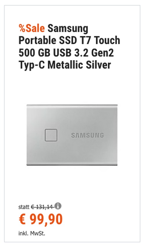 Samsung T7 Touch 500 GB Portable SSD-Festplatte mit Fingerprint-Sensor, Metallic Silver (USB 3.2 Gen2 Typ-C) Samsung T7 Touch 500 GB Portable SSD-Festplatte mit Fingerprint-Sensor, Metallic Silver (USB 3.2 Gen2 Typ-C)