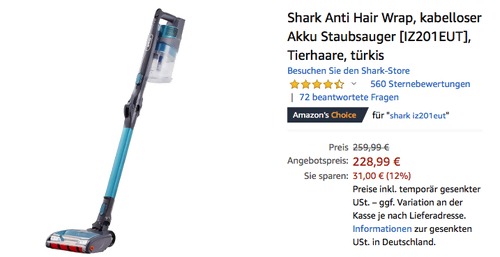 Shark IZ201EUT Anti Hair Wrap Akku-Staubsauger, türkis Shark IZ201EUT Anti Hair Wrap Akku-Staubsauger, türkis